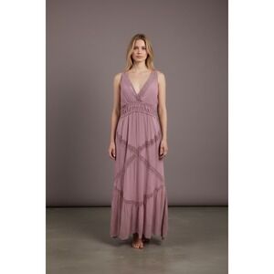 Max Studio V Neck Maxi Dress Dusty Rose Crochet Lace Tiered Boho Festival 14